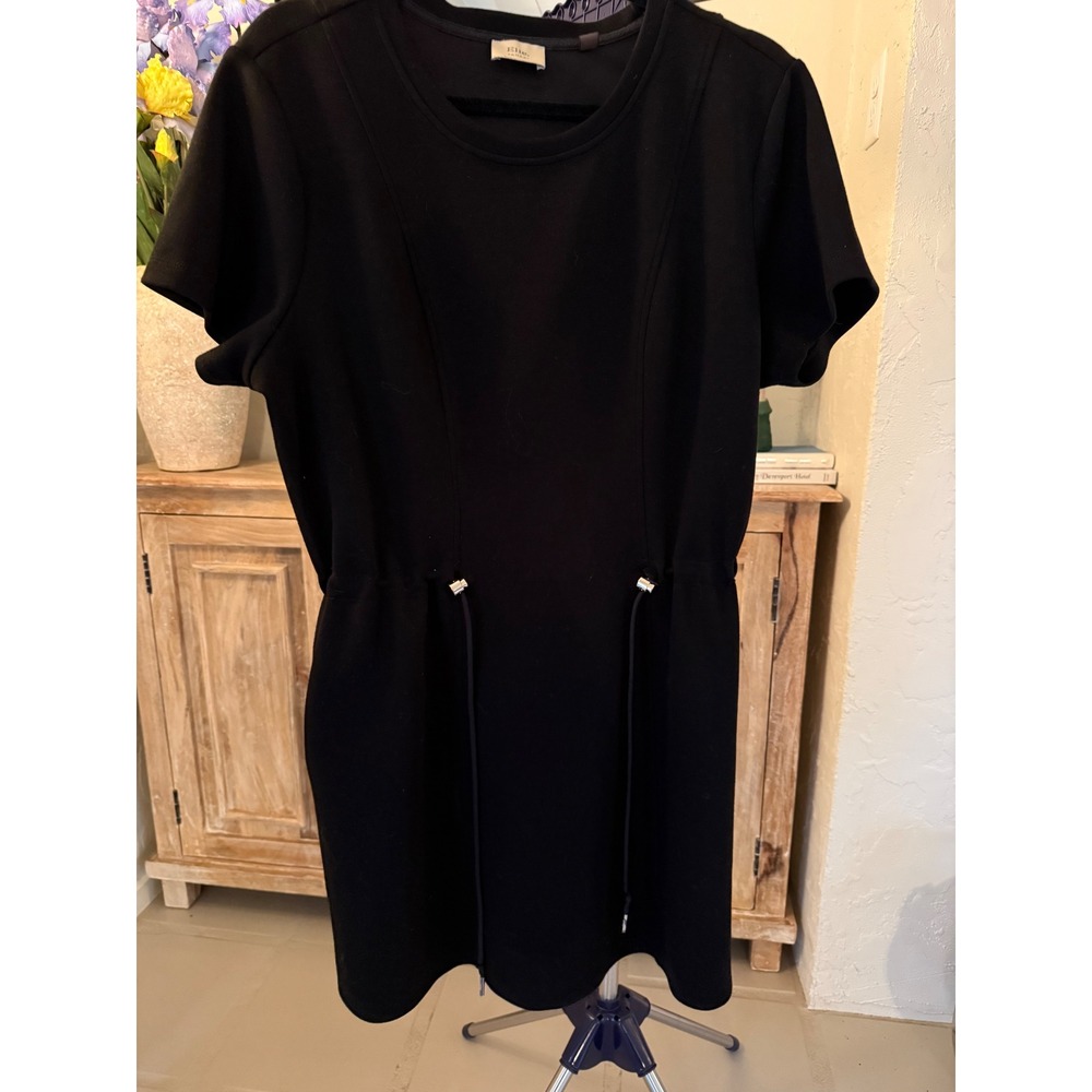 Elie Tahari Black Short Sleeve Drawstring Waist Mini Dress Pockets Large - Picture 4 of 10